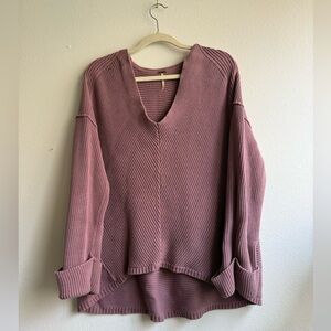 Free People V-Neck Ribbed Pullover Sweater - Dusty Rose